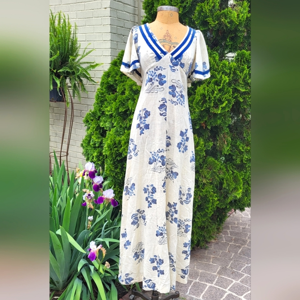The Cottager for the Junior Cream and Blue Floral Vintage Maxi Dress